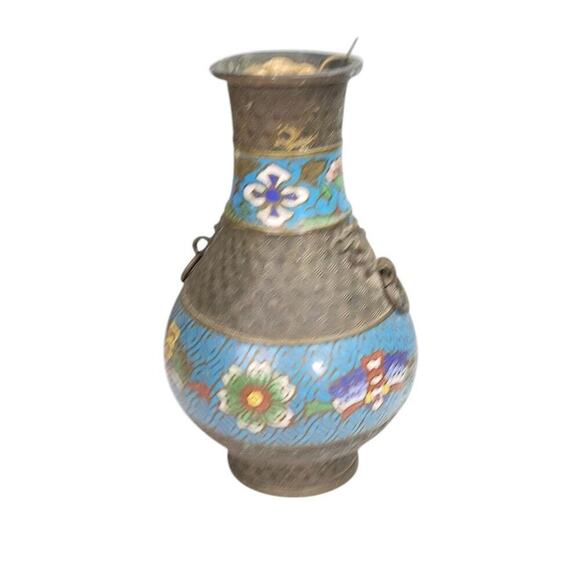 Japanese Champleve Vase Enamel Floral Water Lilies Ring Handles - Picture 4 of 6